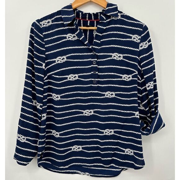 Talbots Nautical Sailor Knot Blue Tunic Blouse Womens Size Petite Small Roll Tab - Picture 1 of 10